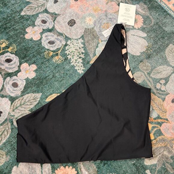 NWT Baiia Swim Bikini Top 14 Black Animal Print Reversible Wrap Tan One Shoulder - Picture 2 of 13